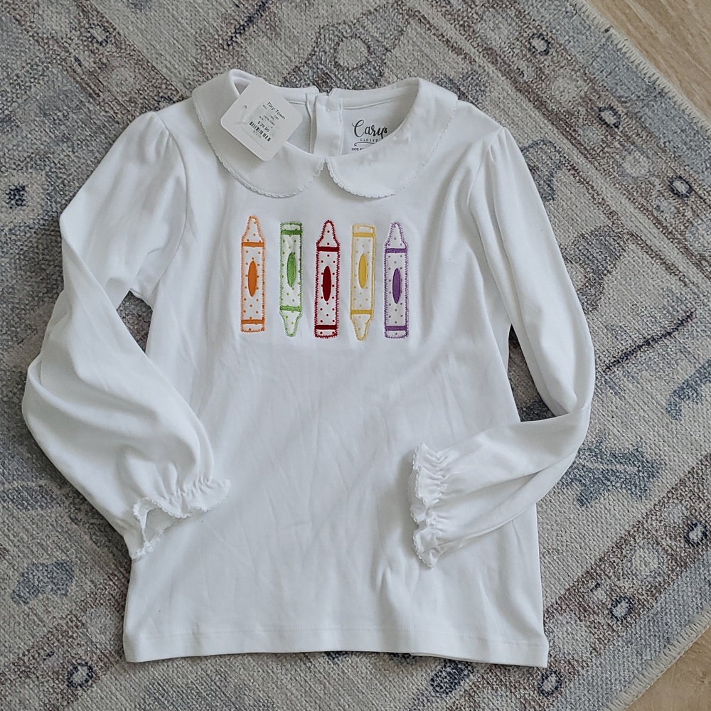 NWT Carys Closet Girls Embroidered Crayon School Top Shirt Sz6
